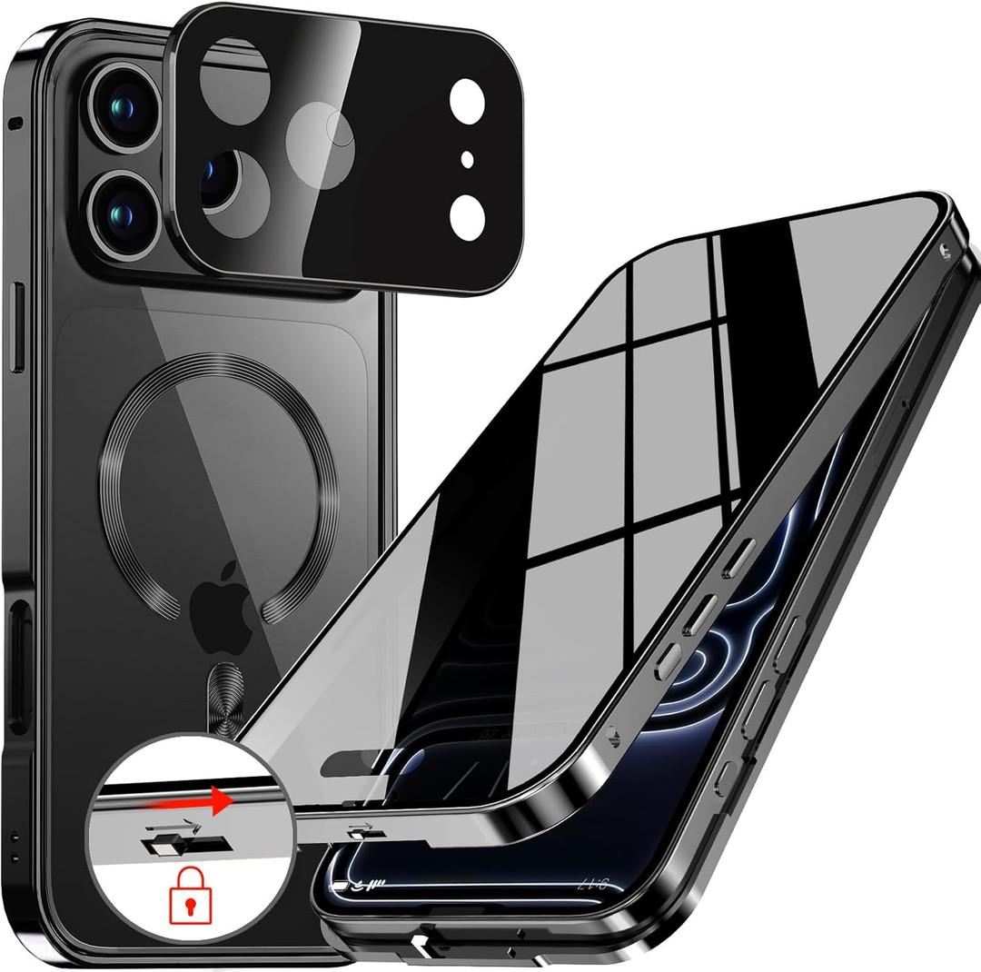 [CD Metal Ring & Automatic Pop-up Lock Magnetic Privacy Case for iPhone 17 Pro [Compatible with MagSafe] [Integrated Lens Protection] Full Body Bumper Cover with Built-in 9H Glass-Black
