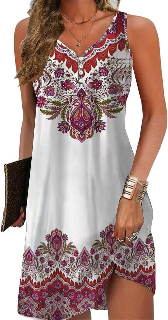 kipfall Floral Printed Summer Dresses A-Line Elegant Dress Womens Vintage Sleeveless Beach Sundress, Large