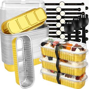 Mini Loaf Pans with Lids and Spoons (100 Pack, Gold, 6.8oz) Rectangular Aluminum Foil Baking Pans