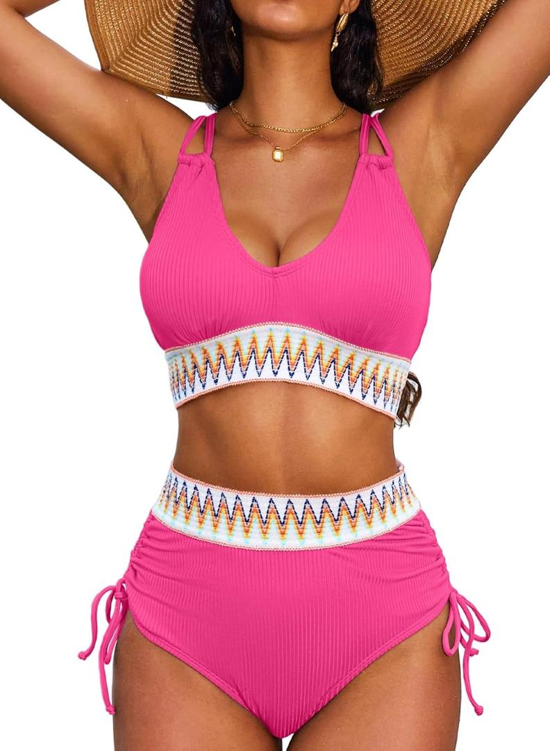 Herseas Women High Waisted Bikini Sets Swimsuits Color Block 2 Piece Drawstring V Neck 2025 Beach Bathing Swim Suit (Pink, S)