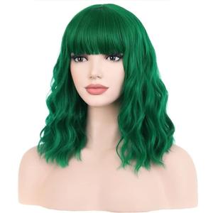 BERON 14 Inches Emerald Green Wig for Women Short Curly Green Wigs with Bangs for Daily Party Hairnet Include