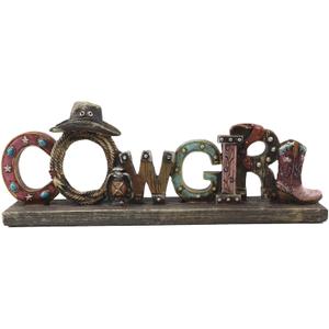 Ebros Gift 10" Long Rustic Western Star Cowgirl Word Art Sign In 3D Letters Of Ropes Horseshoe Cowboy Hat Lantern Boot On Barn Style Wooden Plank Desktop Plaque Wild West Country Farmhouse Accent