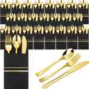 Ireer 25 Set Plastic Silverware Sets with Napkins Plastic Cutlery Set for Guests Wrapped Disposable Silverware Set with Forks Knives Spoons Napkins for Dinner Party Wedding (Black Gold)