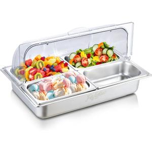 Countertop Ice Serving Display Container, Stainless Steel Food Serving Tray Buffet Condiment Dispenser, Spice Food Display Salad Dressing Cooler with Clear Roll Top Cover