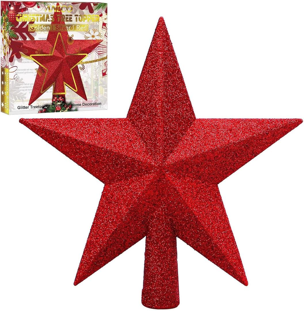 Aneco Red Glitter Mini Christmas Tree Topper Shatter-Proof 10 Inch Large Christmas Tree Decoration Treetop for Holiday Ornament or Home Decor