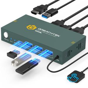 USB3.0 KVM Switch 2 Port HDMI, 4K@60Hz KVM Switch 1 Monitors 2 Computers with 3 USB3.0 Ports, HDMI KVM Switches for 2 PCs Share 1 Monitors and USB Devices, Support Button Switch, EDID