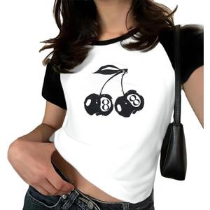 Pink Bow Cherries Shirt Women: Coquette Tops Clean Girl Aesthetic Shirts Casual Summer Short Sleeve Tshirt (S)