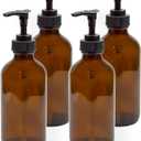 Cornucopia 8oz Glass Pump Bottles (4-Pack, Amber Brown), Lotion Soap Dispensers w/Black Plastic Pumps