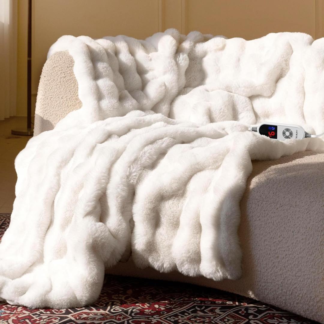 Electric Heated Blanket for Girls & Women, Soft & Luxurious, Faux Rabbit Fur Heating Throw Blankets, 6 Heat Settings, Overheat Protection, Quick Heating, Memory Function, Gift-Ready Design, 50"x60" (Off White)