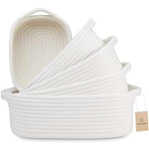 NaturalCozy 5-Piece Rectangle Storage Basket Set- Natural Cotton Rope Woven for Organizing! Small Basket for Montessori, Baby Nursery, Dog Toy Baskets, Cat Toy Box, Bathroom Organization Bin