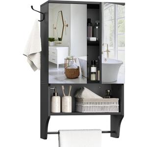 MAHANCRIS Bathroom Wall Cabinet with Mirror, Medicine Cabinet with 2 Door and Adjustable Shelf, Wall Mounted Over The Toilet Storage Cabinet with Towel Bar for Bathroom Laundry Room Kitchen, Black, 15.0"L x 7.3"W x 26.2"H