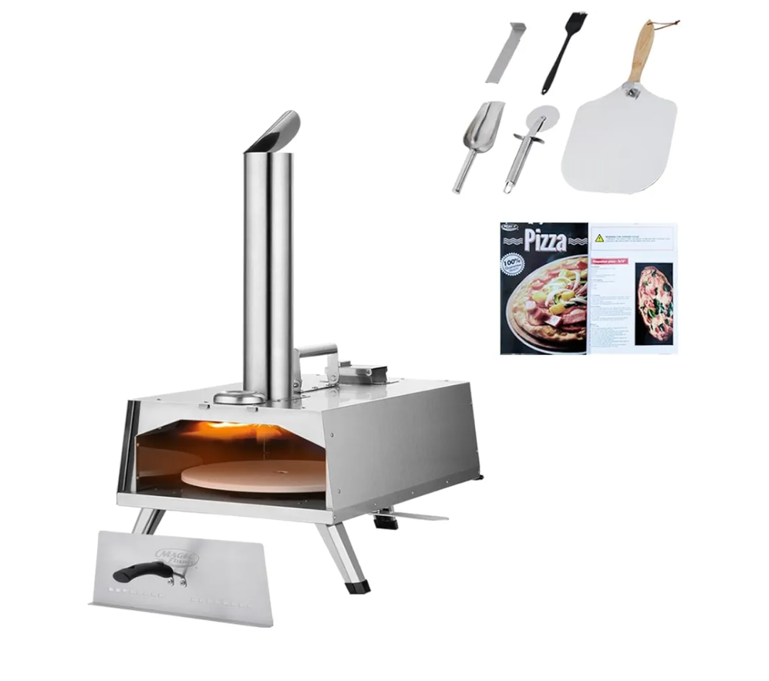 MAGIC FLAME Outdoor Wood Fired Pizza Oven, Portable Stainless Steel Pellet Pizza Maker with Rotating Handle, Pizza Stone and Peel for Camping BBQ