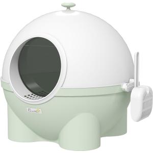 PawHut Hooded Cat Litter Box, Large Kitty Litter Pan with Lid, Scoop, Leaking Sand Pedal, Top Handle, Light Green