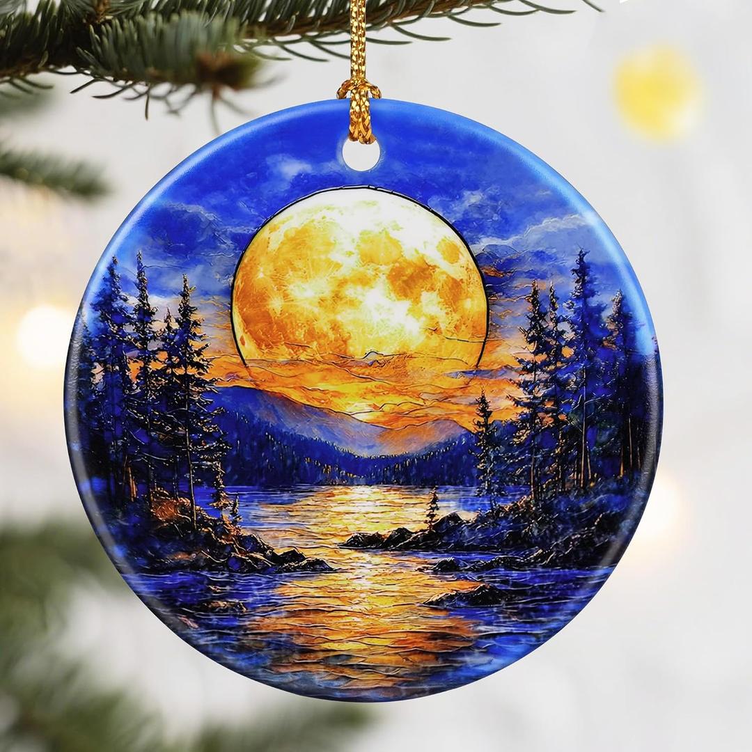 Christmas Ornaments, Dodosky 2.8in Ceramic Ornament, Xmas Decor, Christmas Tree Ornaments, Xmas Decorations for Tree, Holiday Ornament, Gift Ideas, Gifts for Women Men - Full Moon Over Forest Lake