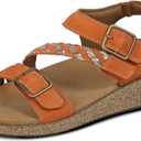 Orthofeet Chloe Orthopedic Womens Leather Sandal | Hands-Free Slip-On Cork Blend Slides with Wedge Heels, Adjustable Straps, Arch Support, Ergonomic Cushioning, Wide Toe Box, Spice, Size: US 8.5