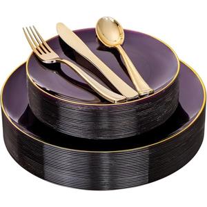 YOUBET 125PCS Purple Plastic Plates - Purple Disposable Plates With Gold Rim - Include 50 Dinner & Dessert Plate, 75 Gold Cutlery Perfect for Wedding Parties & Party
