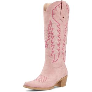 wetkiss Women's Cowboy Boots Knee High Boots Western Boots with Retro Embroidered Pointed Toe Chunky Heel Pull On Long Tall Boot for Ladies (Pink Size 6.5)
