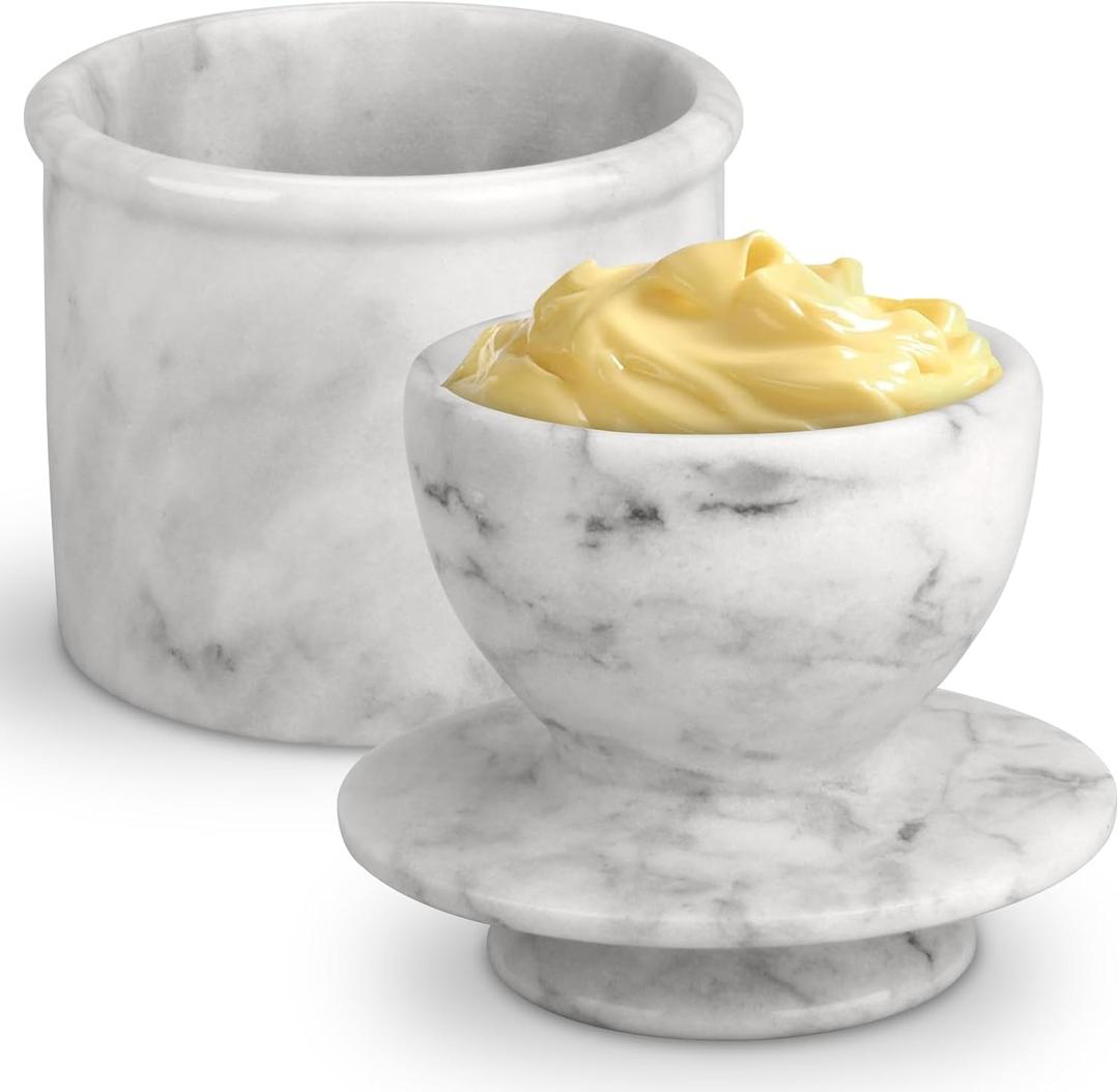 Butter Crock with Lid, Soft Spreadable Butter keeper, Marble French Butter Keeper to Leave On Counter, Butter Dish, Home and Kitchen Decor for Countertop (White Grey, Large)