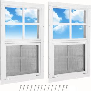 2 Pack Shed Window, 24" x 36" Flush Mount Window with Tempered Glass and Fiberglass Screen, Small Sliding Windows for Shed, Chicken Coop, Playhouse, Household, Garage, Barns, White