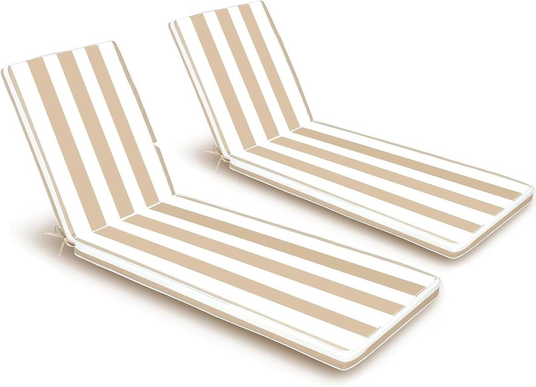 Outdoor Chaise Lounge Cushions 2 Pack, Weather-Resistant Patio Pool Lounge Cushions,74''L x 22''W x 3''T (Beige White Stripes)