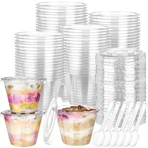 Didaey 200 Pcs 9 oz Clear Plastic Parfait Cups with Flat Lids and Spoons Sets, 100 Pack Disposable Yogurt Parfait Cups with Lids and 100 Pcs Spoons for Cake Cold Drink Ice Cream Pudding Fruit Salad