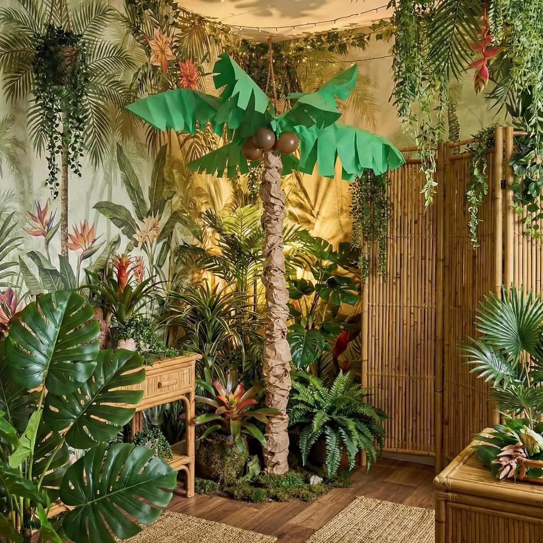 2026 VBS Decorations 6.5 ft Rainforest Jointed Palm Trees Decor Kit 15in x 49ft Kraft Paper Green Leaves Cardboard Cutout DIY Coconut Tree for Jungle Tropical Hawaiian Beach Party