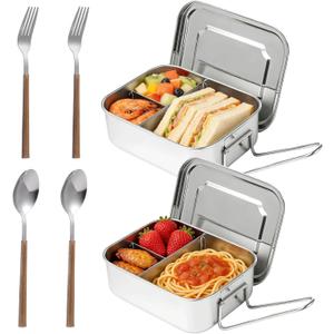 2 Pcs 304 Stainless Steel Bento Box, 1200ml 3-Compartment Metal Lunch Container with Fork and Spoon, Leak Proof Metal Lunch Container for Youngsters and Adults