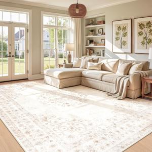 Area Rug 9x12 Vintage Rug: Large Washable Indoor Medallion Rugs Low Pile Distressed Floor Carpet Retro Accent Rug for Living Room Bedroom Kitchen Dining Table Home Office(Distressed Beige, 9'x12')