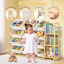 Kids Toy Storage Organizer with Bookshelf Wooden Shelf with 16 Bins & 3 Shelves, Quick Assembly Storage Rack for Playroom, Bedroom, Nursery - White, 49.5''*31.7''*14''