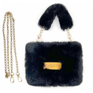 FHQHTH Fluffy Faux Fur Crossbody Bag for Women  Cute Small Purse with Chain Strap, Plush Evening Handbag & Makeup Bag (Black)