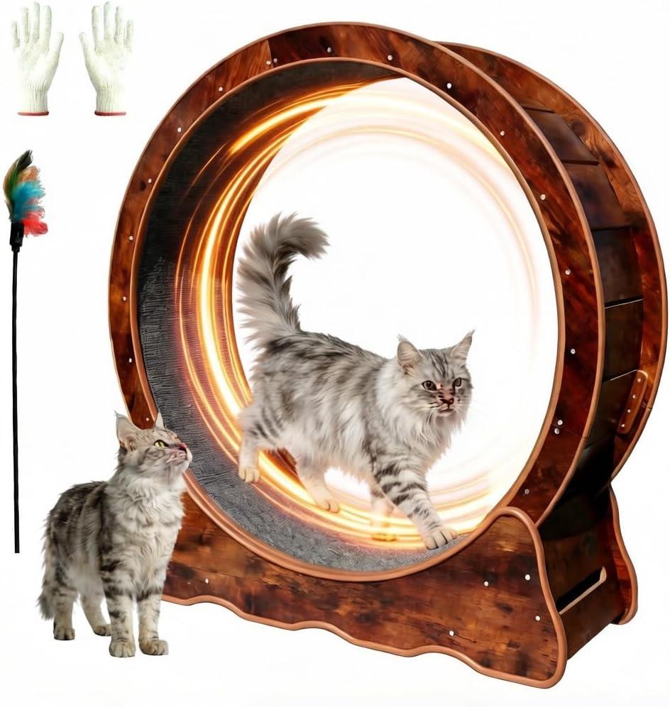 35.4 Inch Cat Exercise Wheel - Wooden Low Noise Cat Treadmill for Indoor Cats, Detachable Carpet & Enhanced Base for Fitness, Weight Loss Size M Brown
