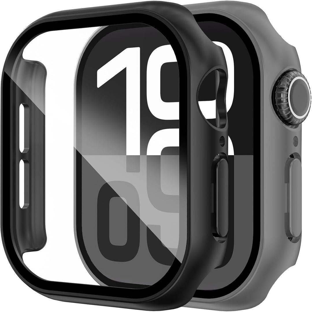2 x Fullife 2-Pack Compatible with Apple Watch Series 11/10 Case for Men Women, Hard PC Case with Tempered Glass Apple Watch Screen Protector for 42mm 46mm iWatch 11/10 Cover (Black+Space grey)