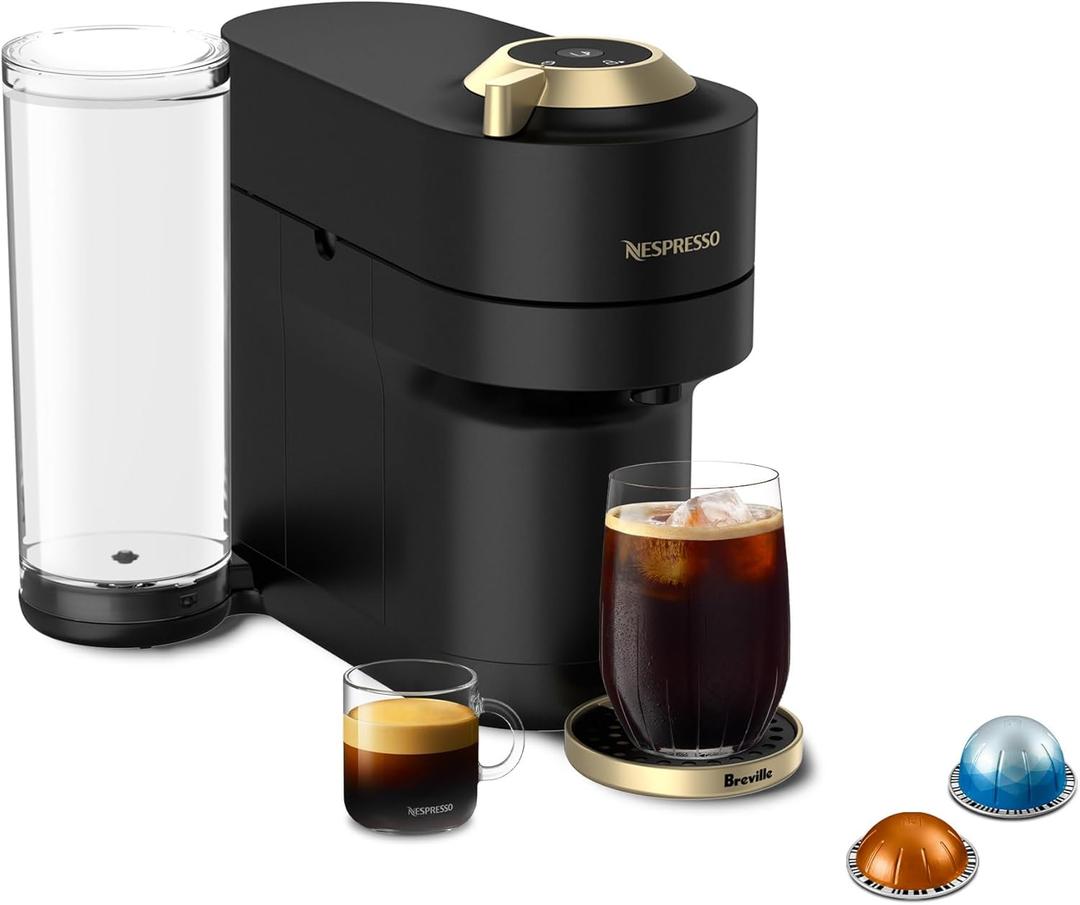 Nespresso Festive Vertuo Pop+ Coffee and Espresso Maker by Breville, Matte Black Gold. BBD 31/03/2026 Nespresso Festive Vertuo Pop+ Coffee and Espresso Maker by Breville, Matte Black Gold. BBD 31/03/2026