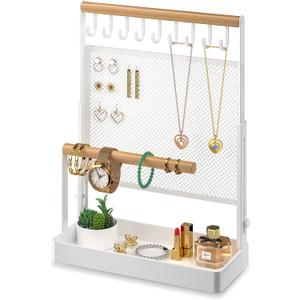 Jewelry Organizer Stand, Liftable Necklace Holder with Earring Organizer Net, 9 Hooks Necklaces Storage Wooden Handing Bar for Bracelets Watches Rings (White)