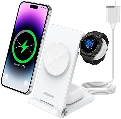 Nillkin 3 in 1 Magsafe Wireless Charging Station, Garmin Watch Charger Stand for Fenix 7/7S/8 Forerunner 245/745/945/965,Tactix,Enduro,Epix,Foldable Charger for iPhone 16/15/14 & AirPods with Adapter