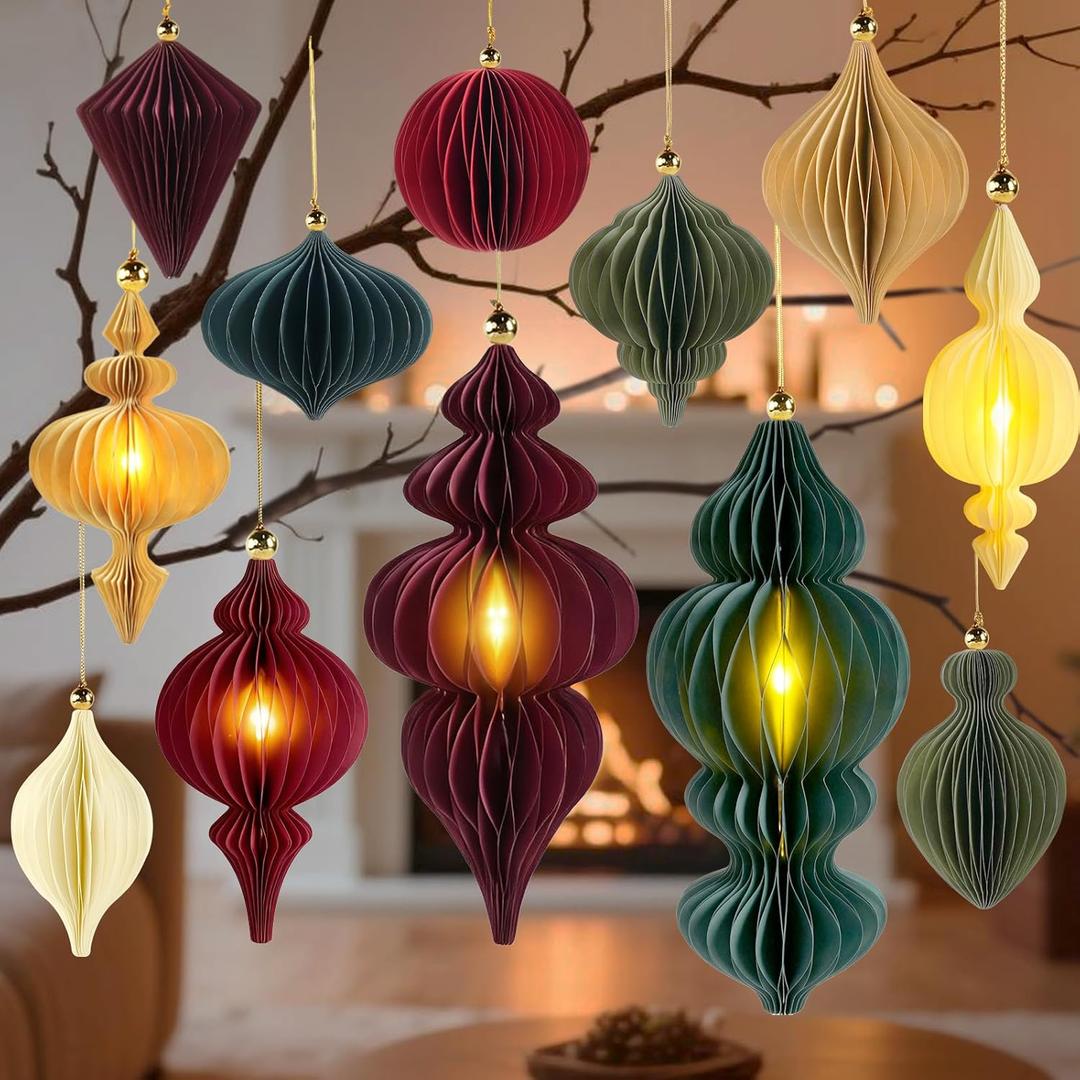 Large Paper Christmas Party Decorations, 12Pcs Honeycomb Paper Hanging Ornaments for Christmas Trees, 3D Vintage Light Up Finial Honeycomb Lantern Ornaments for Xmas Tree Winter Wonderland Party Decor (Colorful)