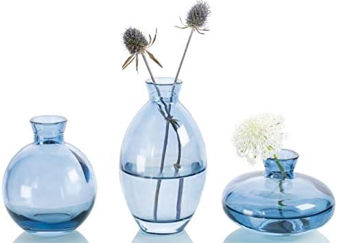MOLIMAO Bud Vase 3Pcs/Set Mini Vase Small Glass Vase for Desktop Centerpieces Decor,Handmade Vase for Flowers(Blue)