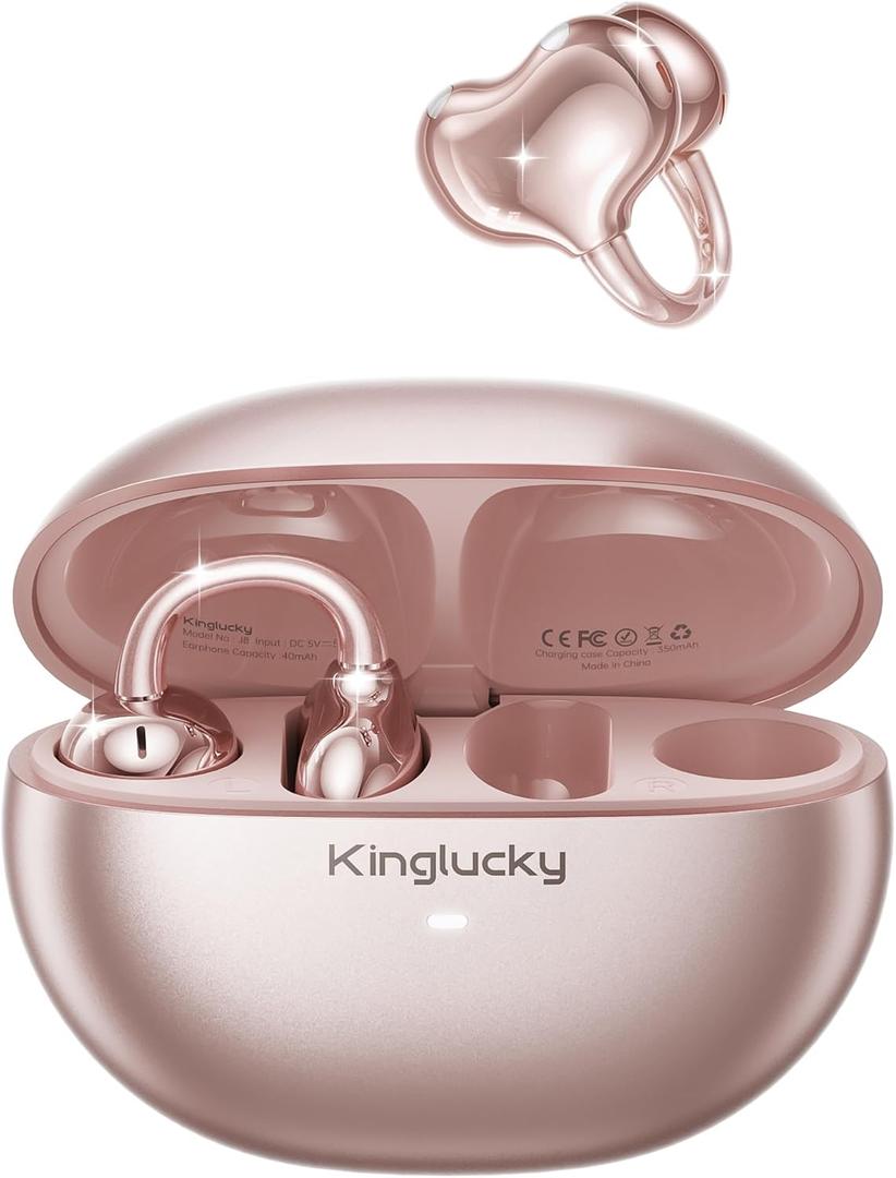 Kinglucky Upgraded Clip-On Earbuds Comfortable fit & Crystal-Clear Sound, 50H Playtime Open Ear Buds Bluetooth 6.0 Wireless Headphones for Women & Kids Ideal for Small Ears,Sports,Glasses Rose Gold
