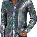 Pixiemain Men's 70s 60s Disco Shirt Metallic Party Costume Long Sleeve Button Down Shirts-A, XL