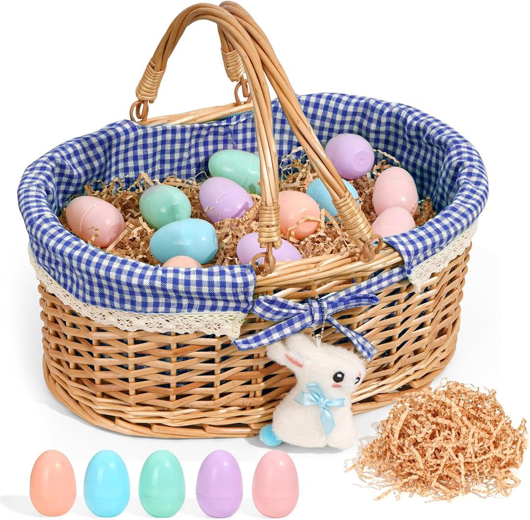 Easter Basket with Grass, 12 Plastic Eggs and Bunny Charm, Medium Oval Wicker Picnic Gift Basket with Lined Interior for Kids Egg Hunt, Candy, Toys, Spring Decor and Table Centerpieces, Blue Gingham