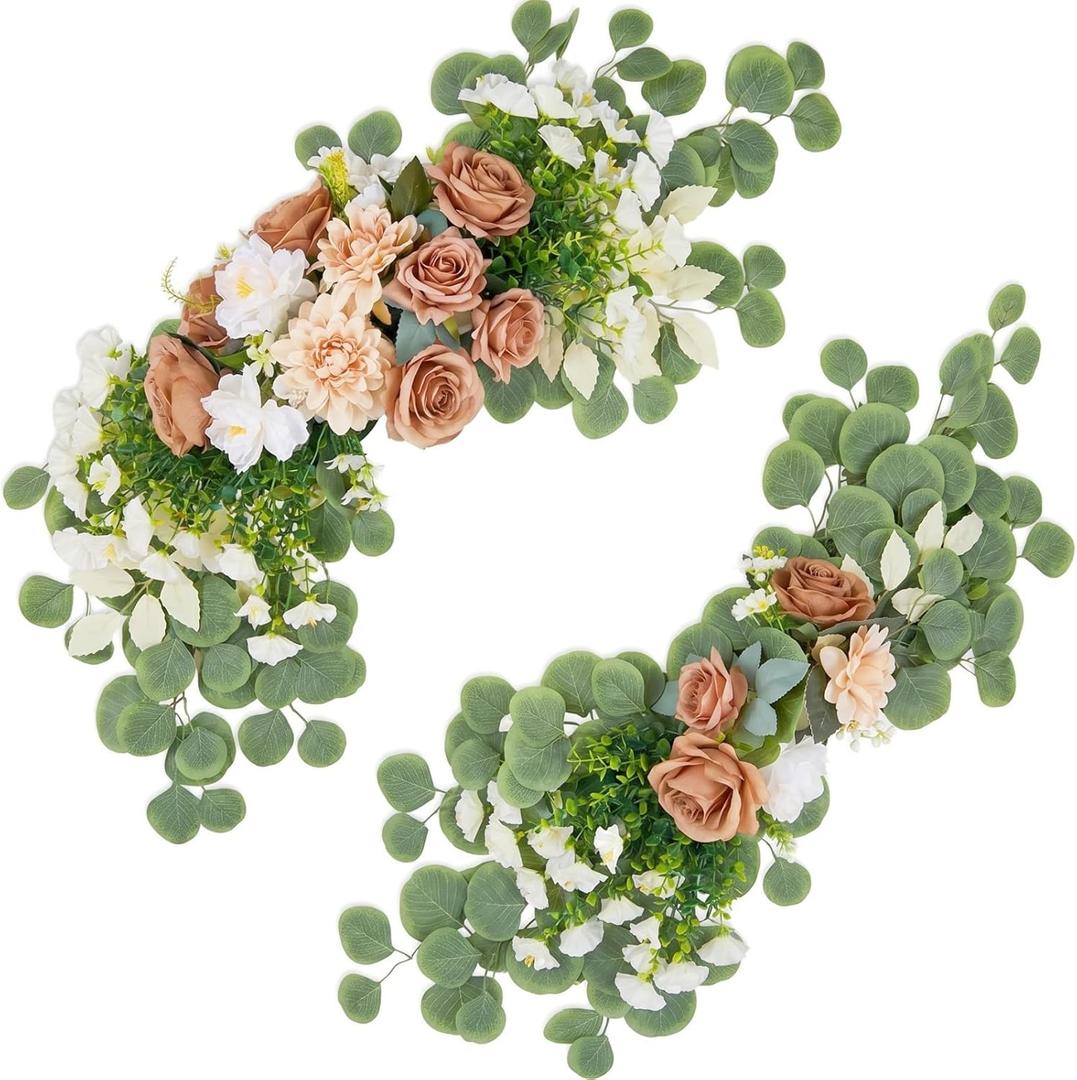 H&S BRIDAL Wedding Arch Flowers, Artificial Rose Dalia Floral with Mums Greenery Eucalyptus, Set of 2 Silk Flower Arrangements for Welcome Sign, Ceremony Backdrop,Reception Home Wall Decor