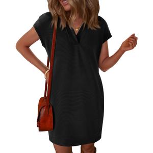 Okiwam Women's Spring Summer Dresses 2025 Casual Short Sleeve V-Neck T-Shirt Mini Vacation Sun Dresses with Pockets (Black, XL)