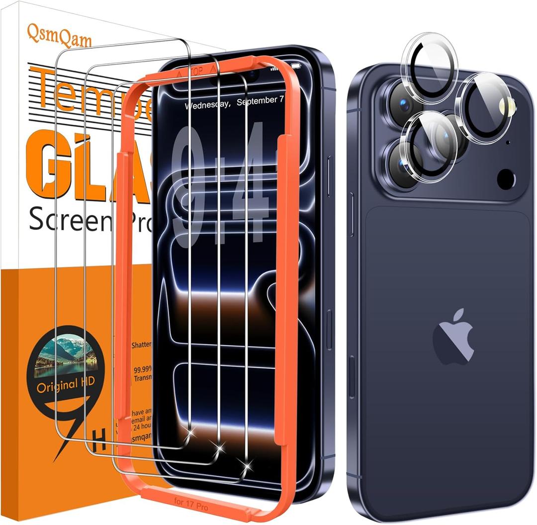 QsmQam 3 Pack Screen Protector for iPhone 17 Pro 6.3 Inch + 1 Pack Individual Camera Lens Protector, Ultra HD Tempered Glass, Military Grade Shatterproof, Case Friendly [with Installation Frame]
