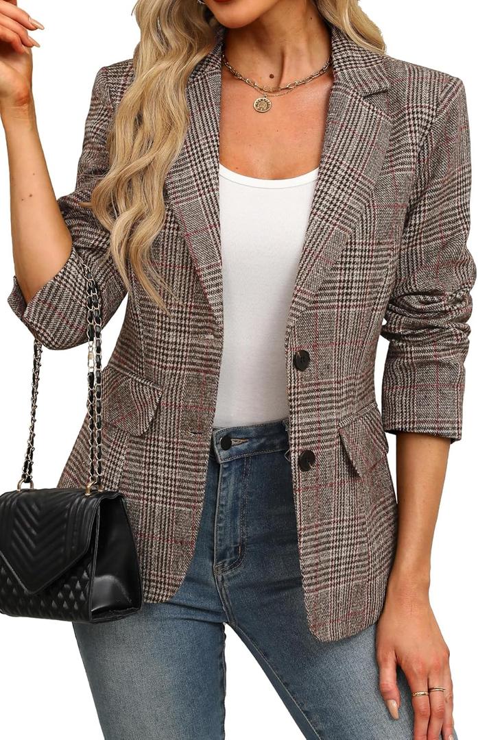 ELLEVEN Womens Casual Plaid Blazer Lapel Collar Double Button Long Sleeve Boyfriend Blazer Suit Houndstooth Plaid Blazer Jacket Business Work Office Blazer Suits Chestnut Plaid, Large