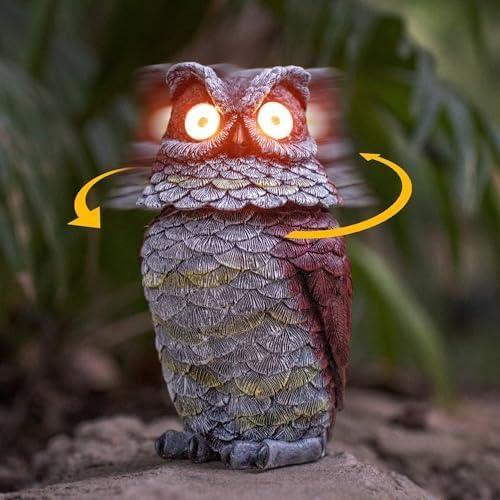 Garden Solar Owl Decoy Statue Outdoor Figurine Light Decor Glowing Eyes Spring Mounted Wobblying Head Resin Sculpture Decoration for Home Porch Patio Lawn Farm Yard Housewarming Ornament Gift