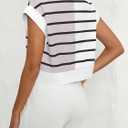 Fiesow Womens Summer Cap Sleeve Half Zip Striped Cropped T Shirts Casual Color Block Collared V Neck Loose Pullover Tops (Medium)