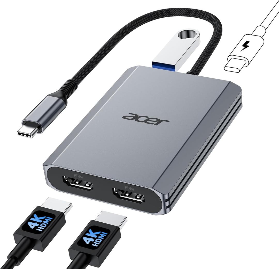Acer 4-in-1 USB C Hub, Type C to Dual HDMI Adapter 4K@60Hz, HDMI Splitter for Dual Monitors with 100W PD Port, USB 3.0, Dual Monitor Adapter Compatible with Acer, Dell XPS, HP, MacBook Neo/Air/Pro