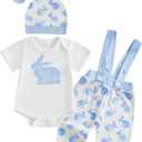 My First Easter Baby Boy Outfit Newbon Bunny Outfits 1st Easter Romper+Overall Pants+Hats 3Pcs (Blue, 9-12 Months)