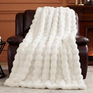 Luxury Fluffy Faux Fur Throw Blanket, Soft Plush Thick Minky Bubble Blanket for Couch Sofa Bedroom Living Room, Perfect Home Decor Gift for Women,60 * 80 in,White