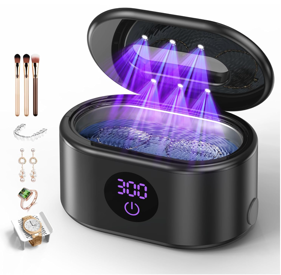 Ultrasonic Jewelry Cleaner, 48KHz Ultrasonic Cleaner Machine with 20oz 304 Stainless Steel Tank, Dual Modes & LED Display - for Jewelry, Eyeglasses, Watches, Dentures, Retainers & More-Black